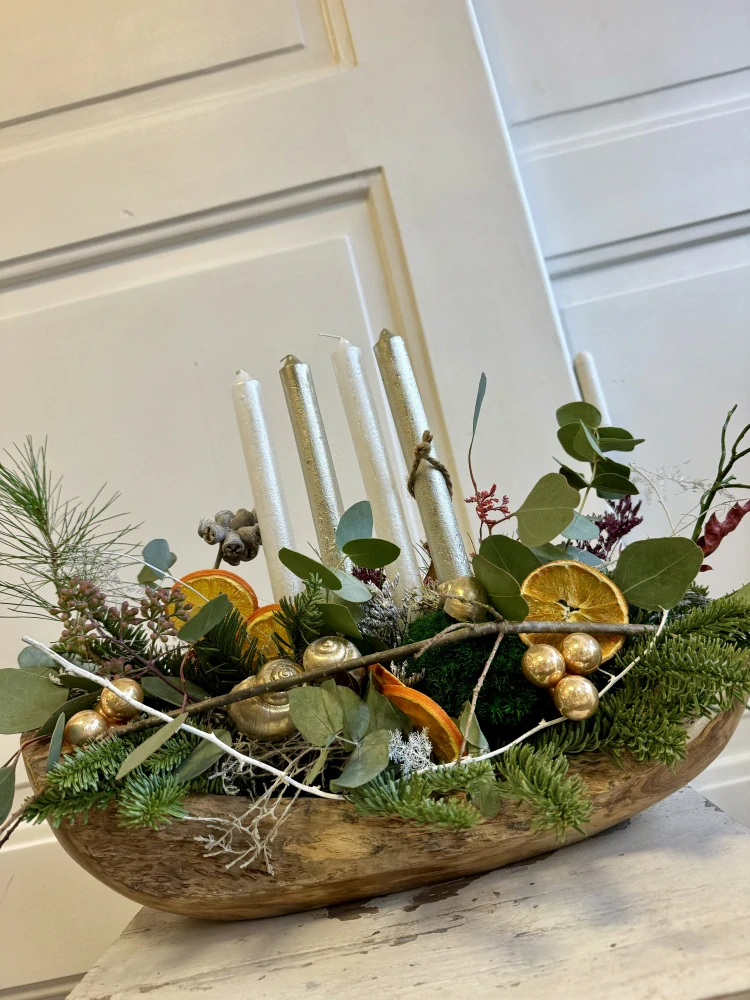 Adventní svícen v teakové nádobě  pomeranč 