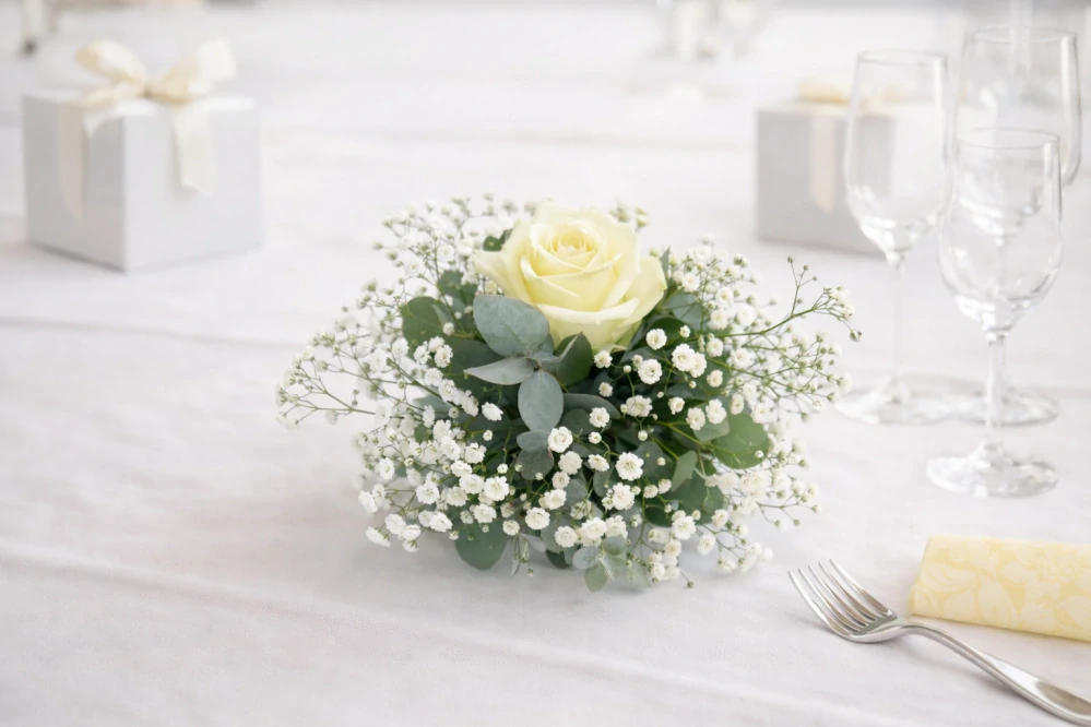 Svatební výzdoba na stoly růže a gypsofila 