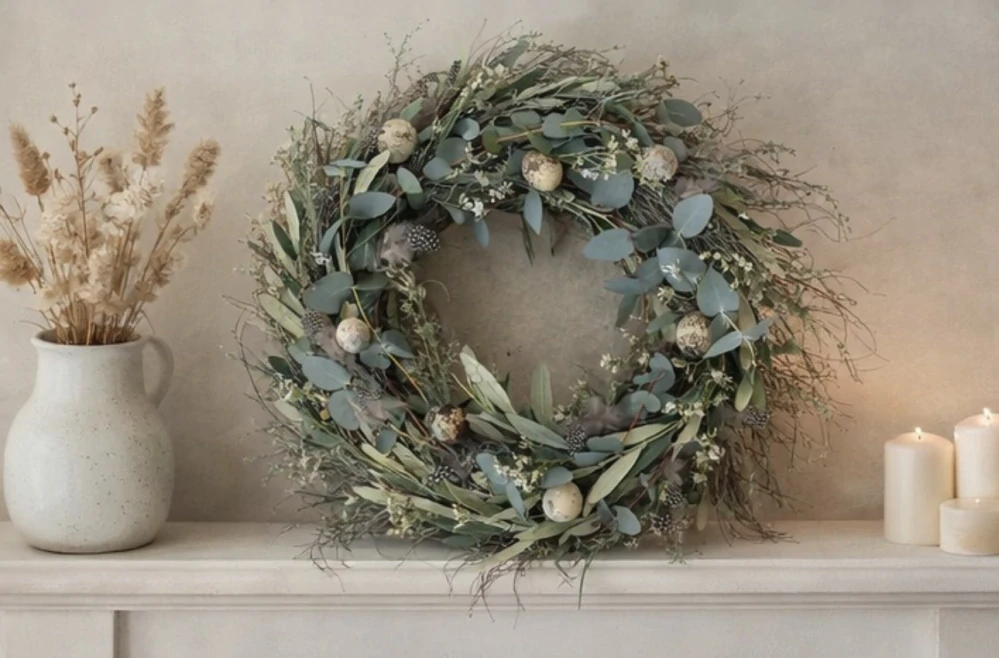 Velikonoční věnec z eukalyptu s křepelčími vajíčky