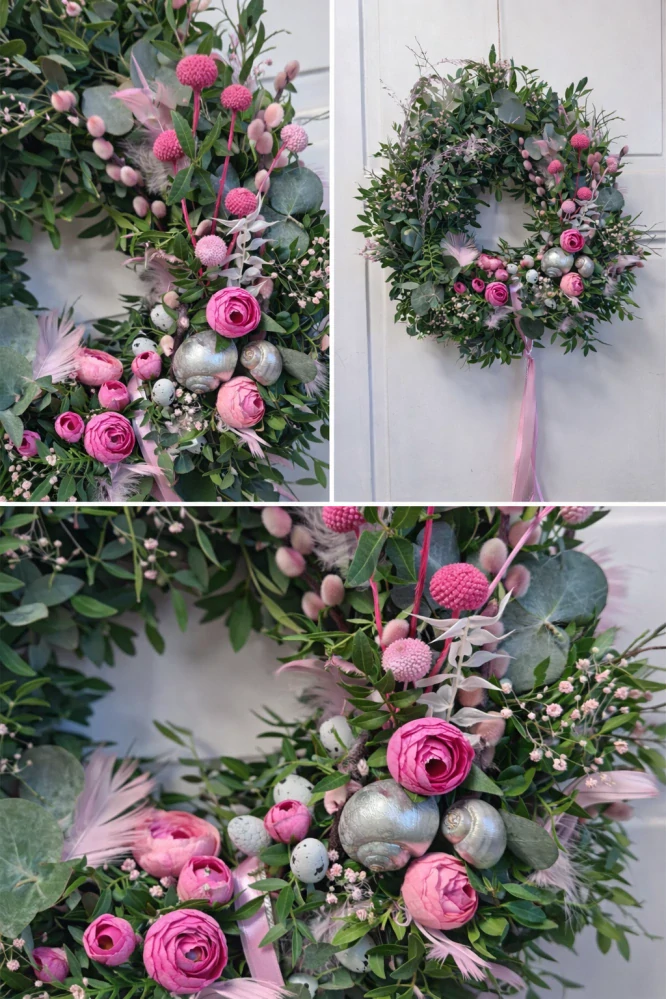 Jarní věnec v růžových tónech s eukalyptem