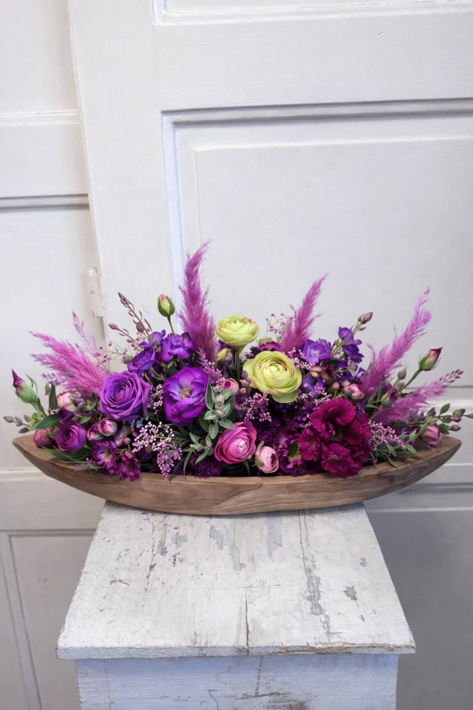 Luxusní aranžmá z látkových květin – fialovo-růžová kompozice