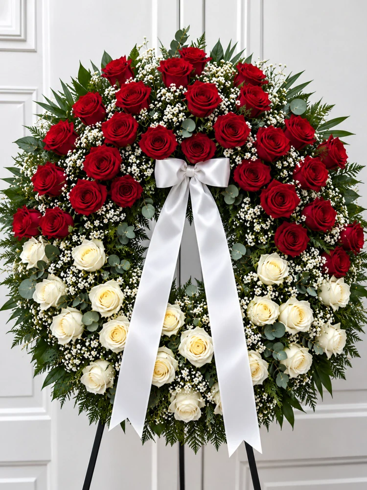 Luxusní smuteční věnec z červených a bílých růží MAXI 90cm