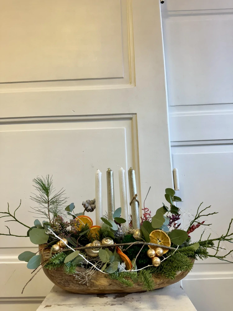 Adventní svícen v teakové nádobě  pomeranč 