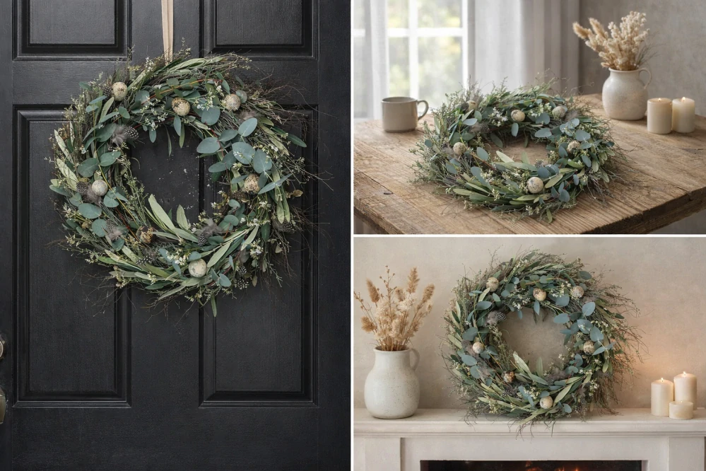 Velikonoční věnec z eukalyptu s křepelčími vajíčky