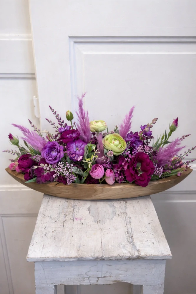 Luxusní aranžmá z látkových květin – fialovo-růžová kompozice