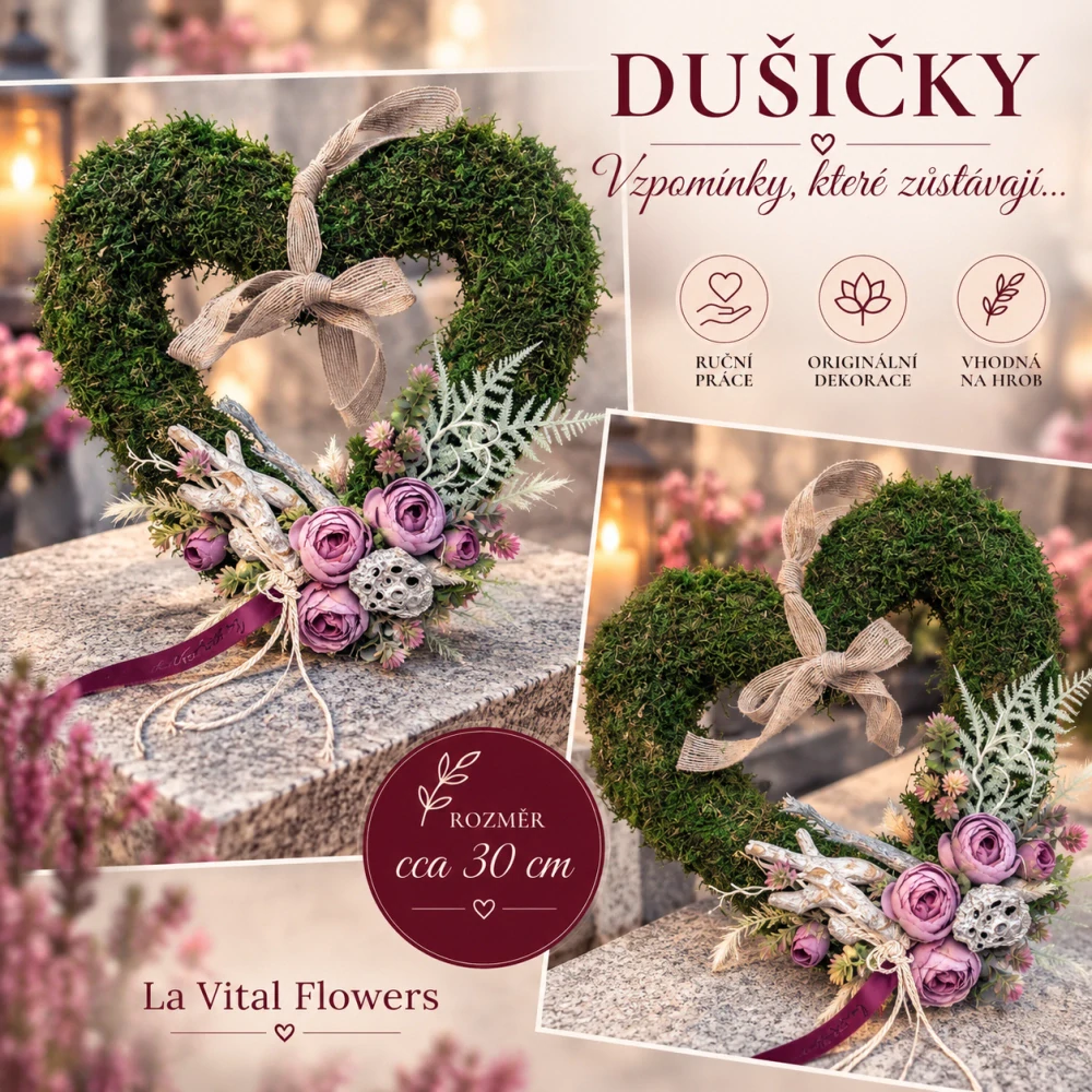 Dušičkové srdce z mechu s květinovou dekorací Elegance