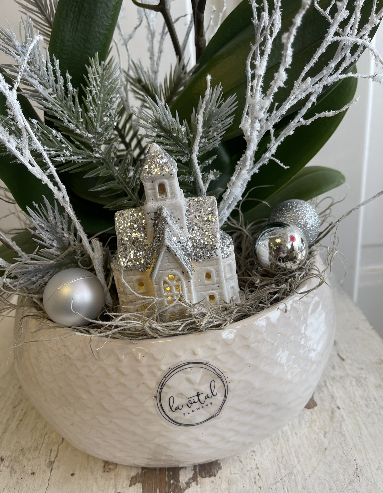 Zimní dekorace s orchidejí v kulaté nádobě