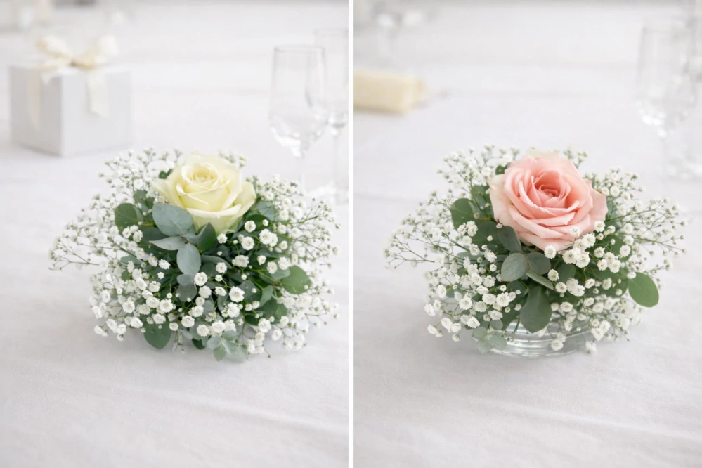 Svatební výzdoba na stoly růže a gypsofila 