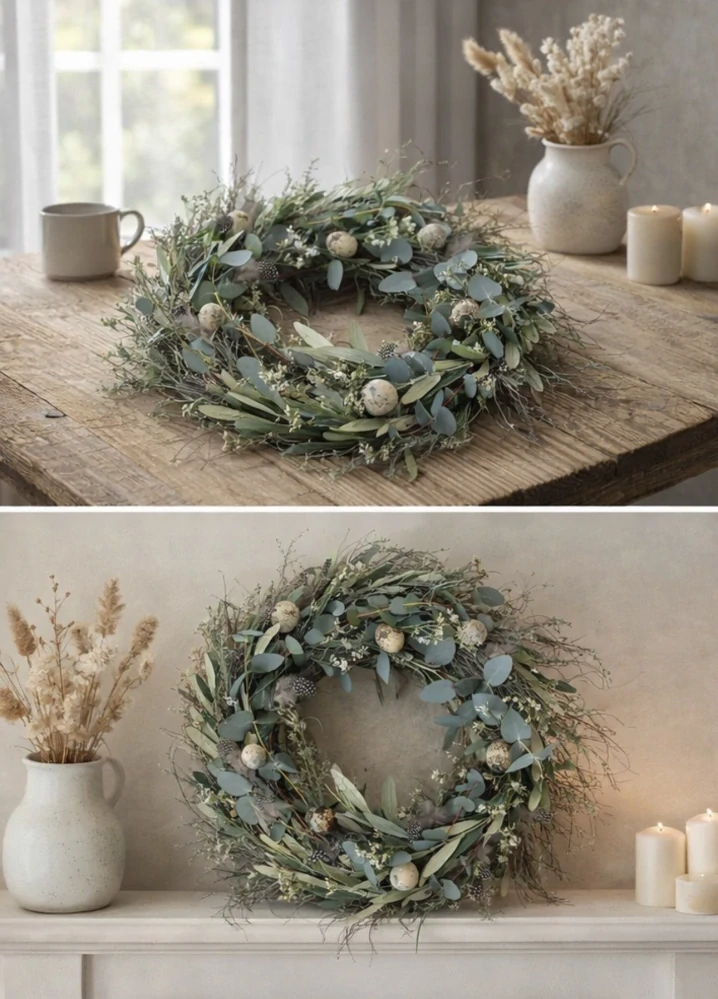 Velikonoční věnec z eukalyptu s křepelčími vajíčky