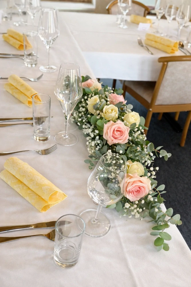 Svatební výzdoba na stoly růže a gypsofila 