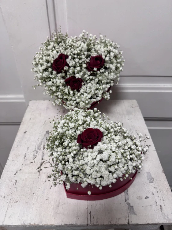 Flower box - srdce 3ks  růže a nevěstin závoj 