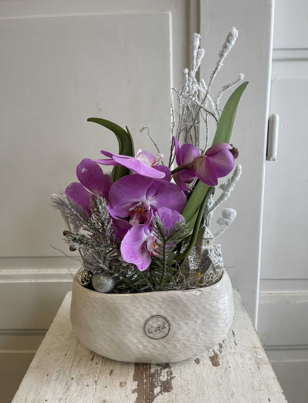 Zimní dekorace s orchidejí v  podlouhlé nádobě