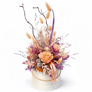Exkluzivní flower box se stabilizovanou růží – meruňkovo-fialová harmonie